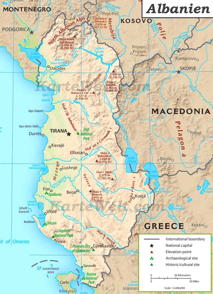 Physische Landkarte von Albanien