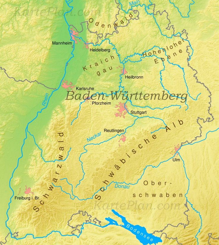 Physische landkarte von Baden-Württemberg