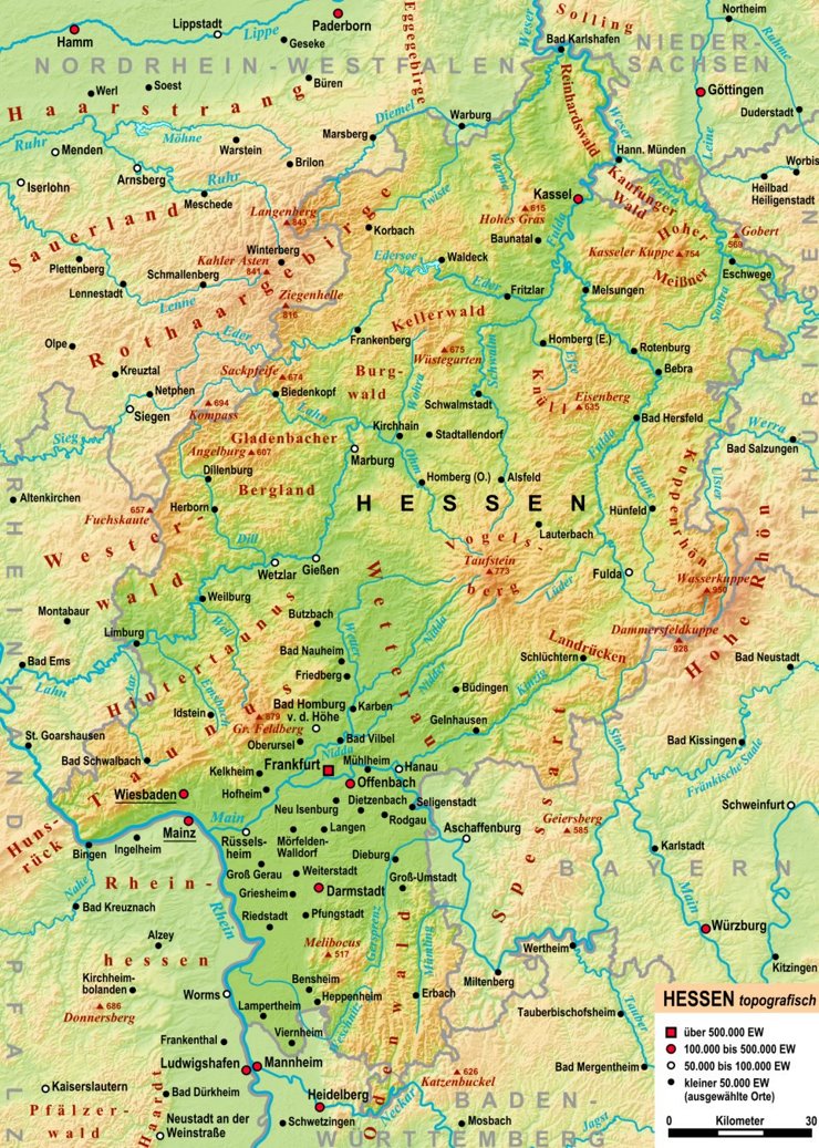 Physische landkarte von Hessen