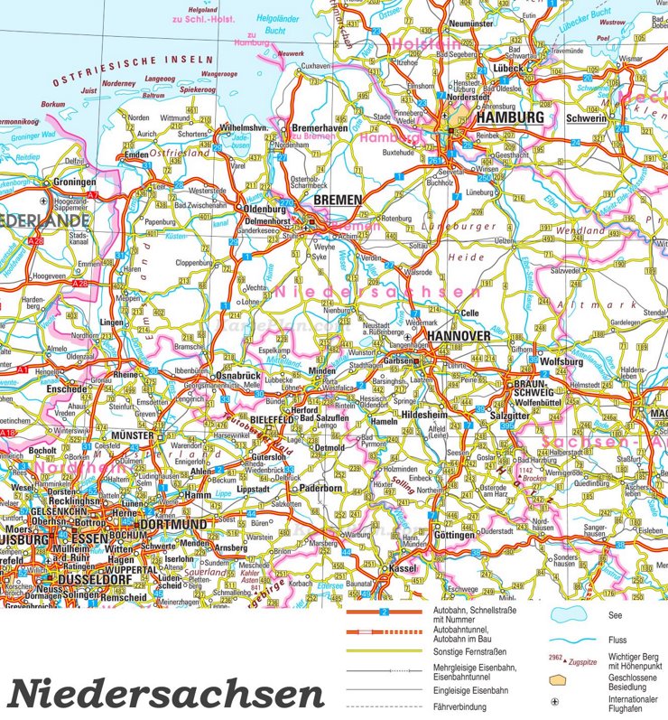 Straßenkarte von Niedersachsen