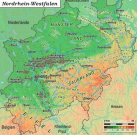 Physische landkarte von Nordrhein-Westfalen