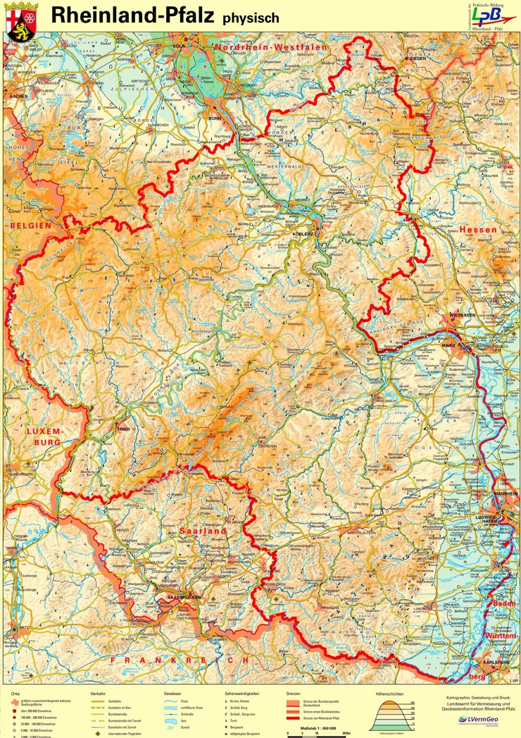 Physische landkarte von Rheinland-Pfalz