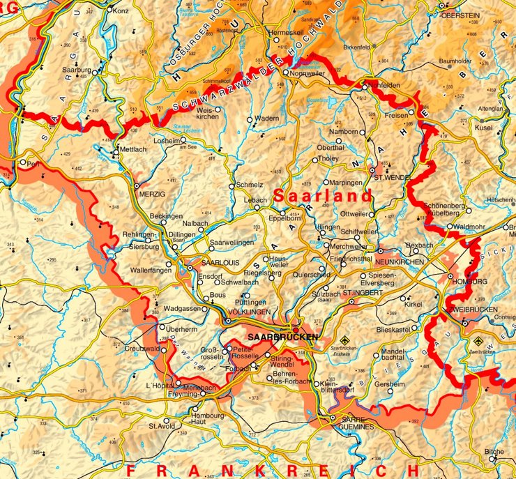 Physische landkarte von Saarland