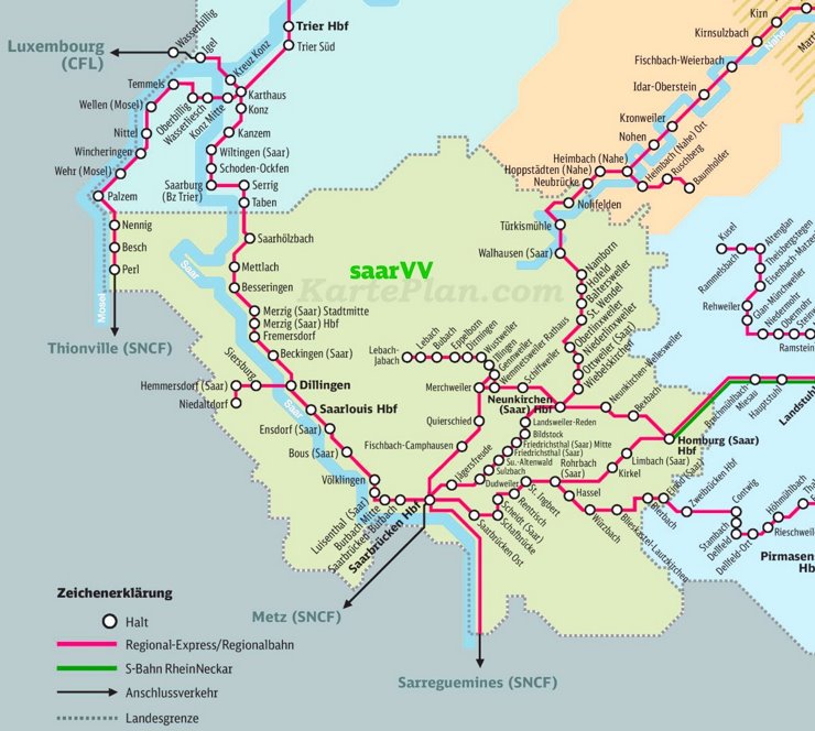 Schienennetz karte von Saarland