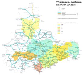 Schienennetz karte von Thüringen, Sachsen und Sachsen-Anhalt