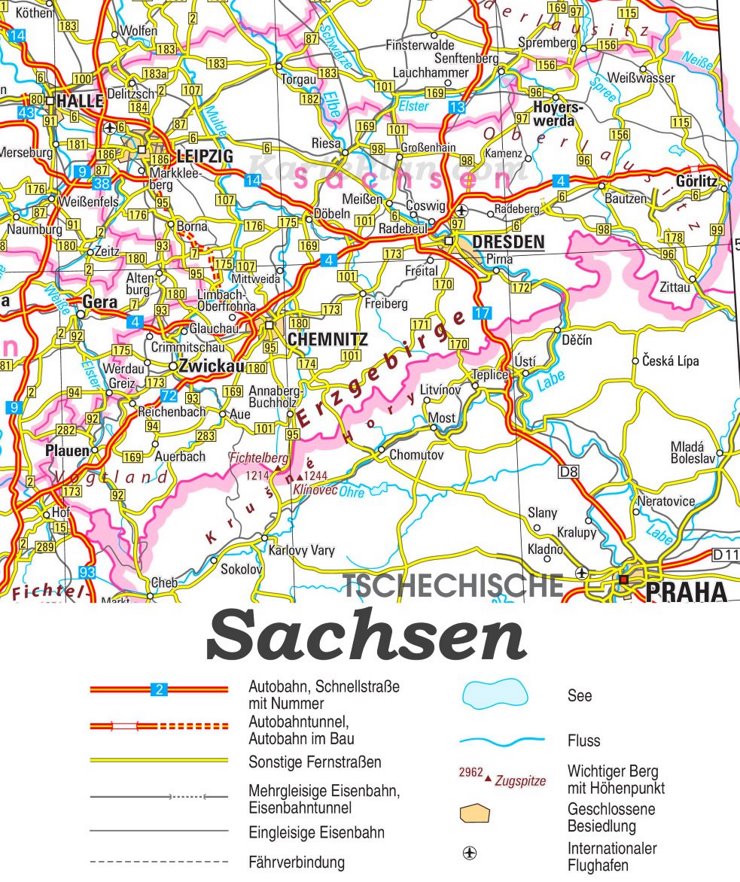 Straßenkarte von Sachsen