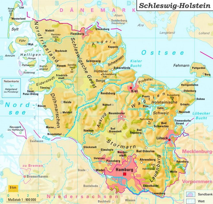 Physische landkarte von Schleswig-Holstein