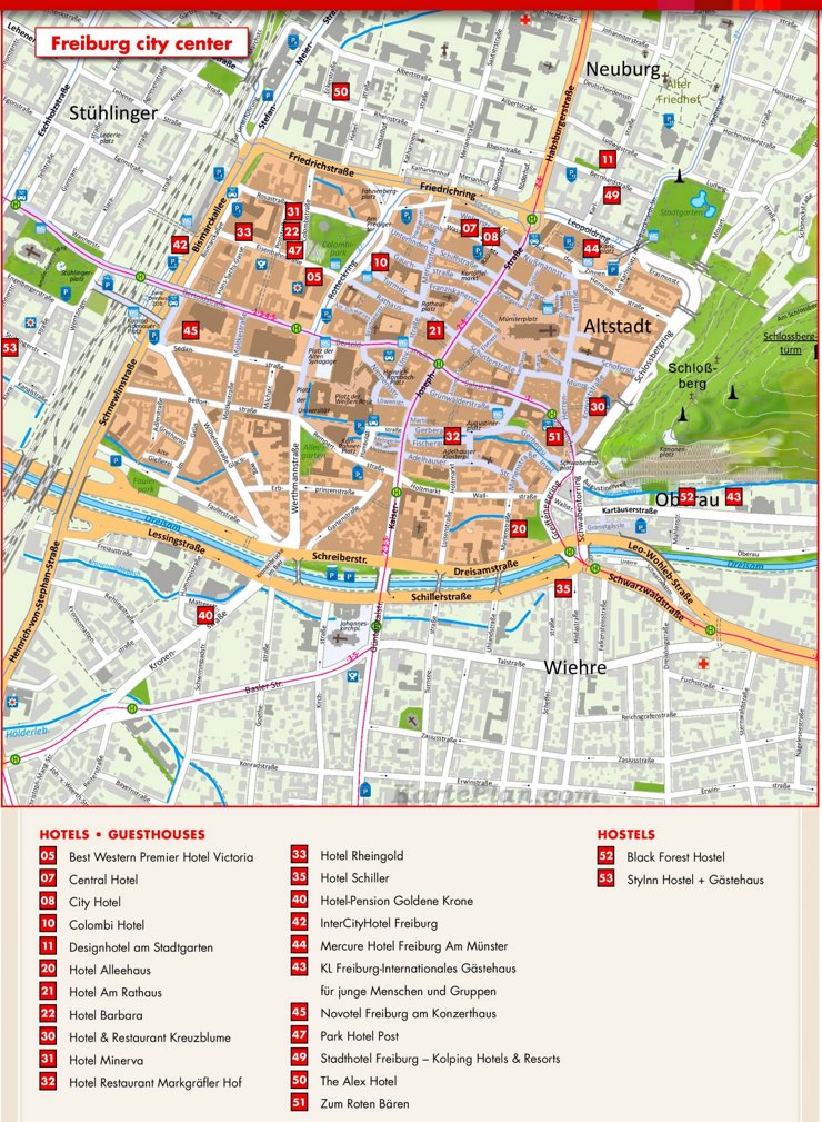 Stadtplan Freiburg im Breisgau mit hotels