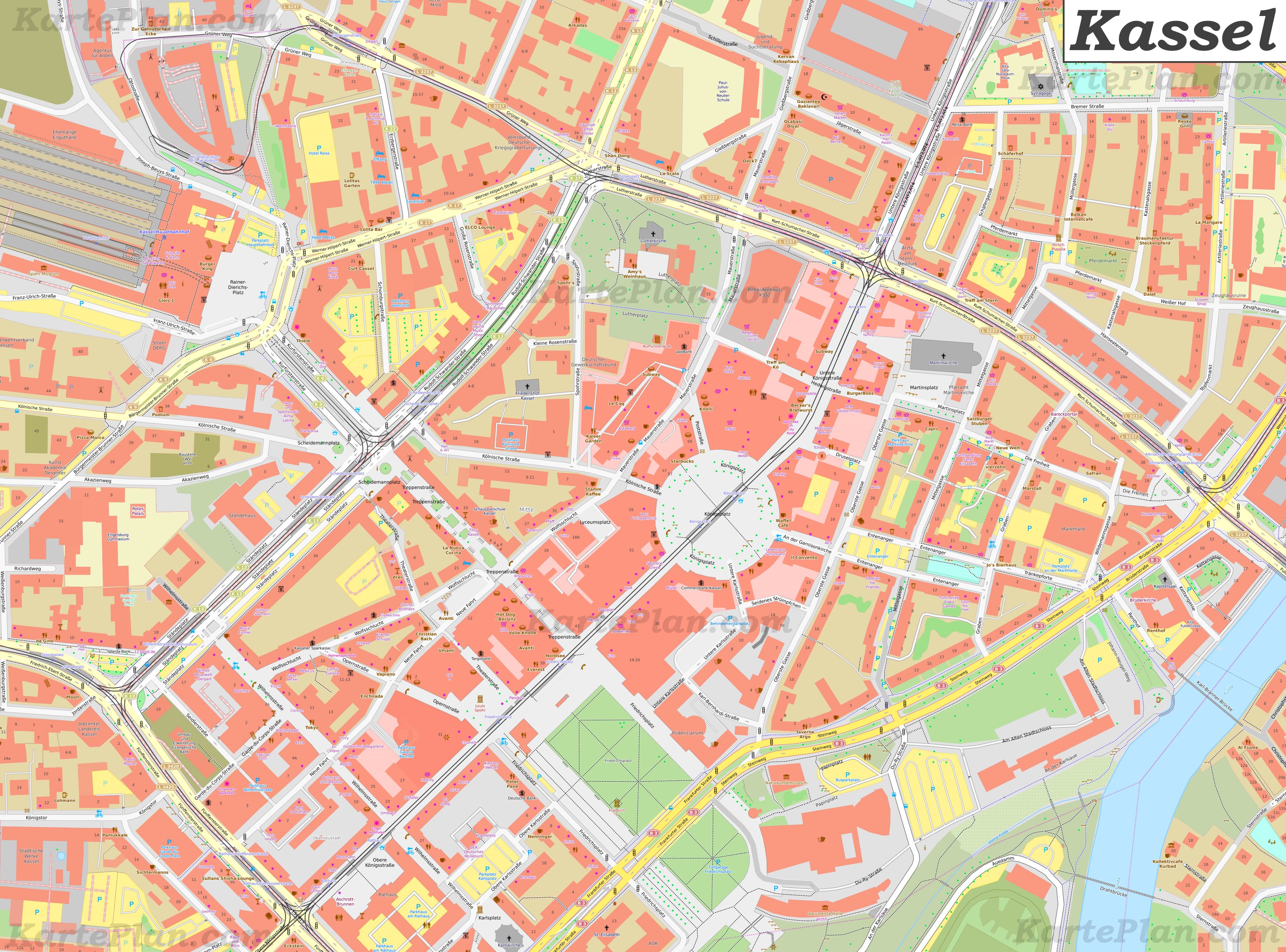 1:14000 Touristischer Stadtplan mit Sehenswürdigkeiten und Straßenverzeichnis Stadtplan / SP Kassel 