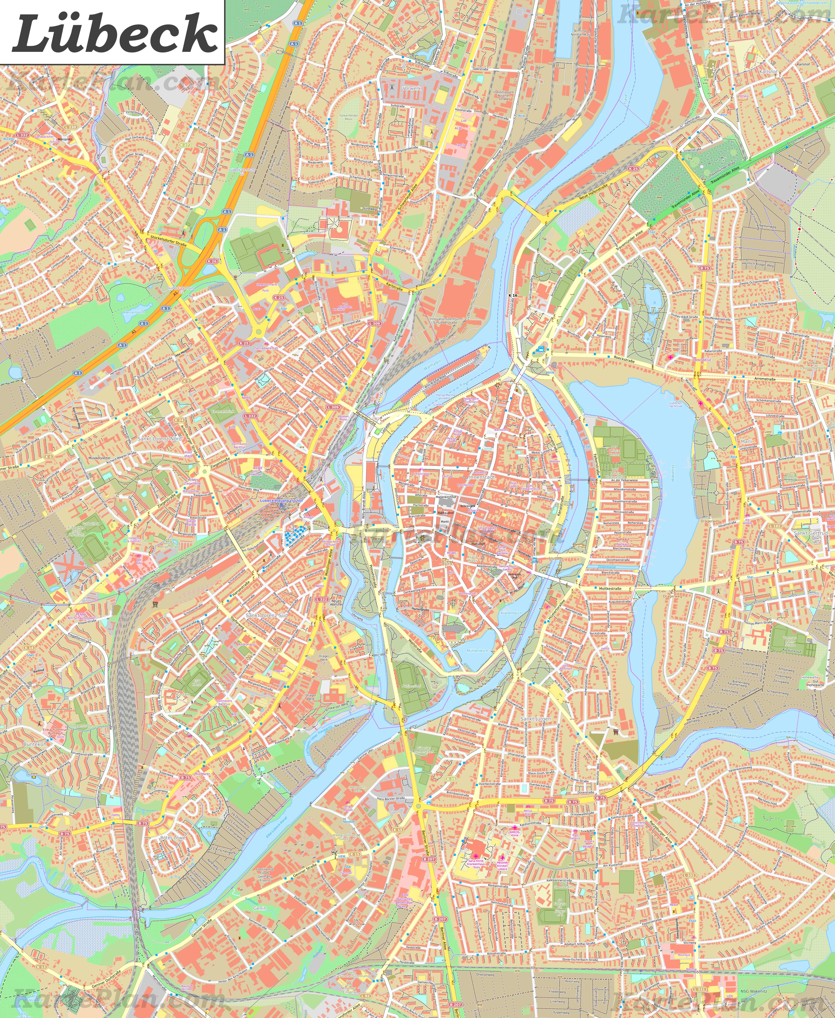 Große detaillierte stadtplan von Lübeck
