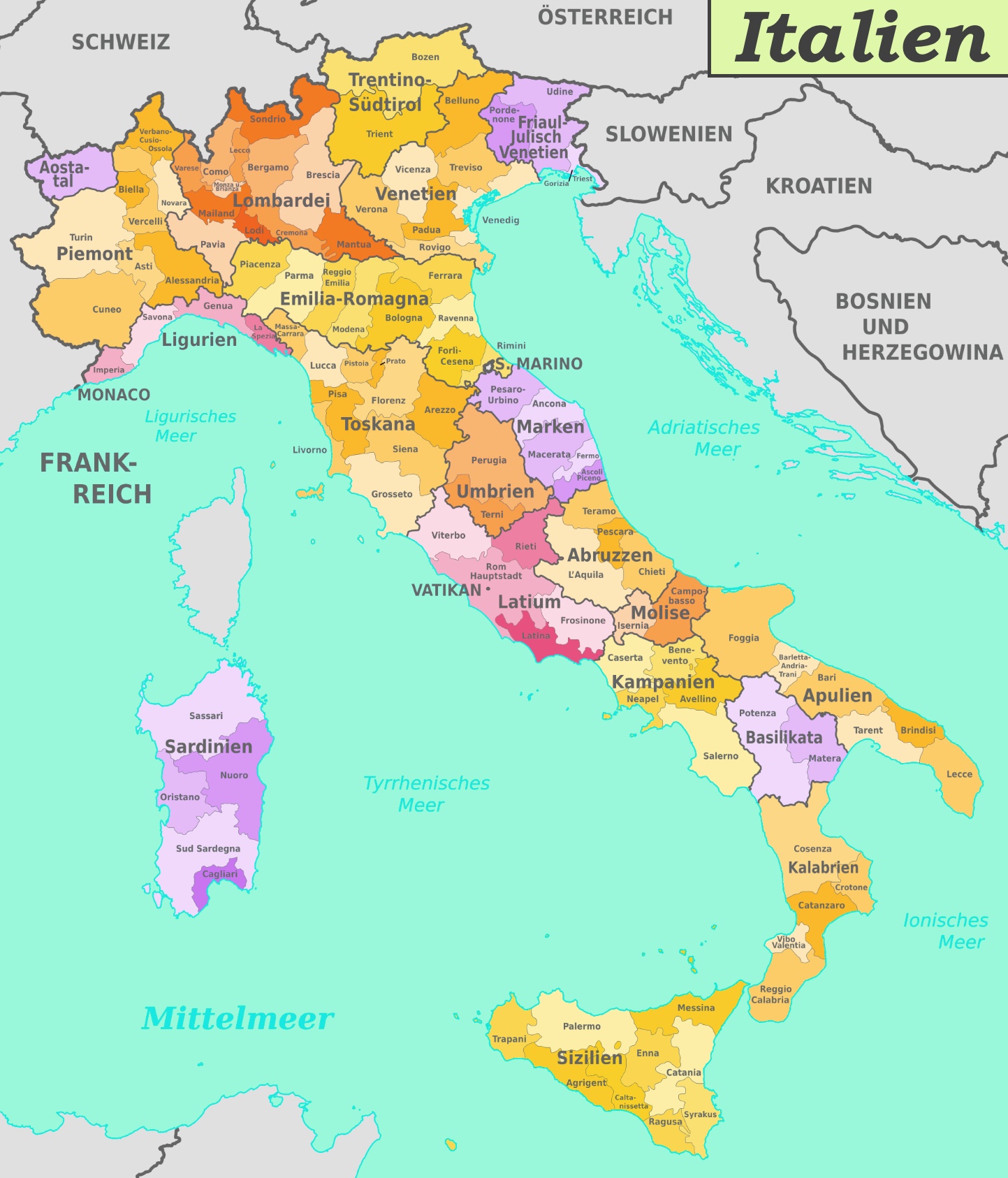 Italien Karte, Provinzen und Regionen von Italien