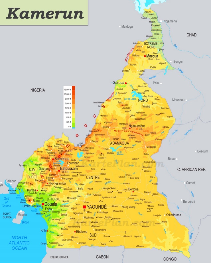 Physische landkarte von Kamerun