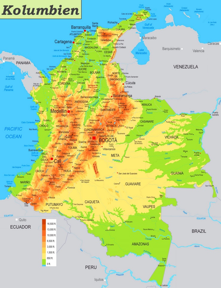 Physische landkarte von Kolumbien