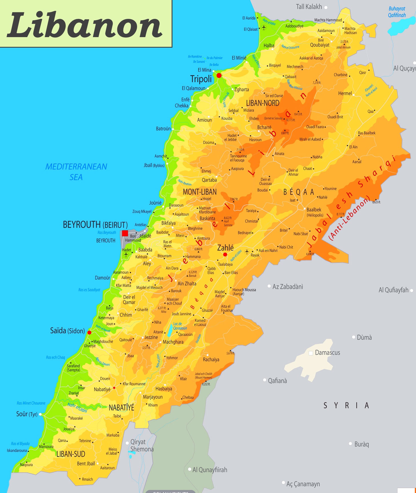 Physische landkarte von Libanon