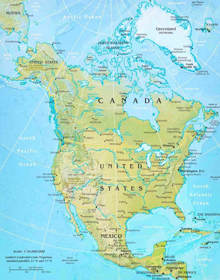 Physische landkarte von Nordamerika