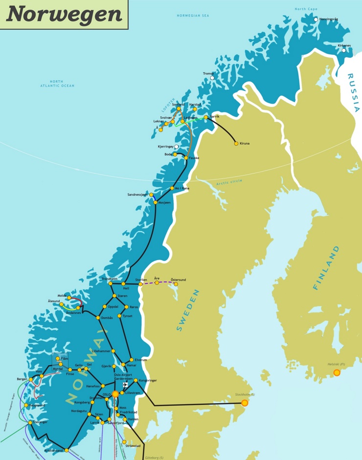 Schienennetz karte von Norwegen