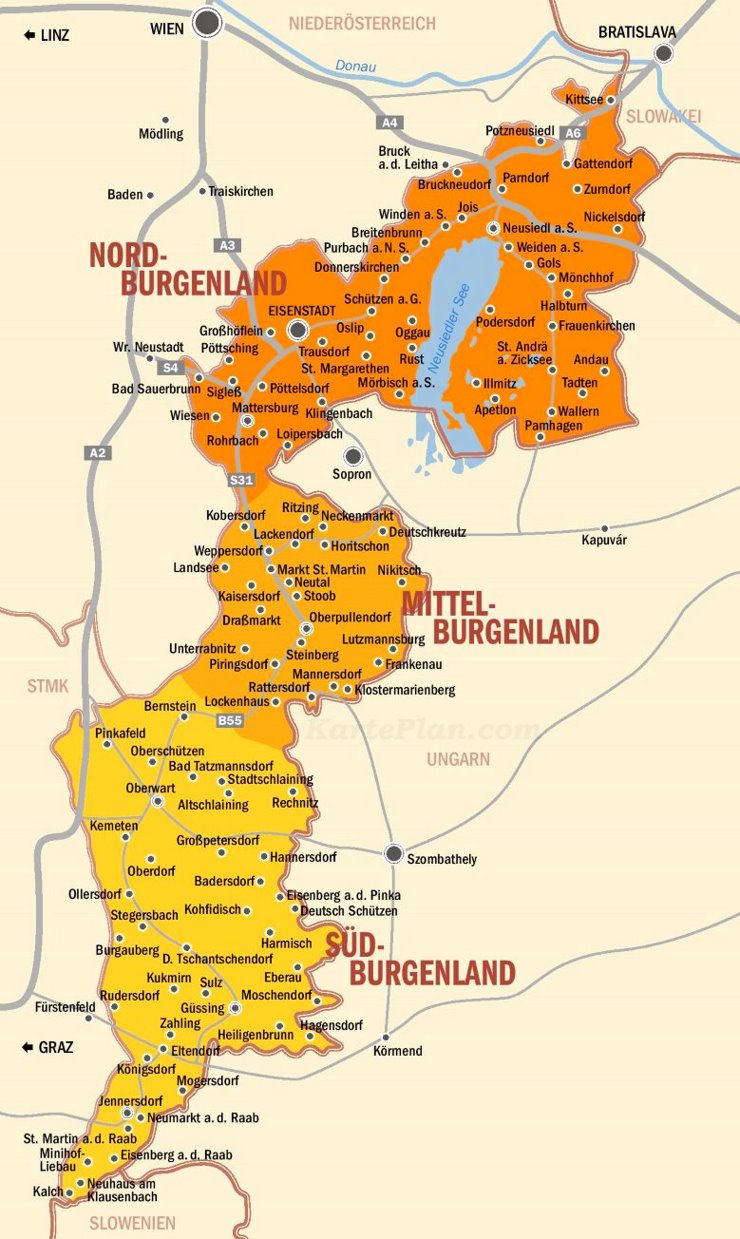 Burgenland karte mit städten