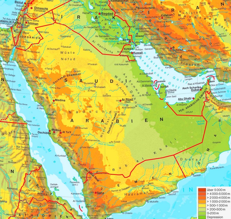 Physische landkarte von Saudi-Arabien