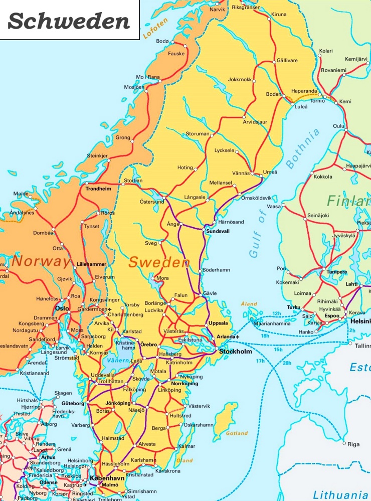 Schienennetz karte von Schweden