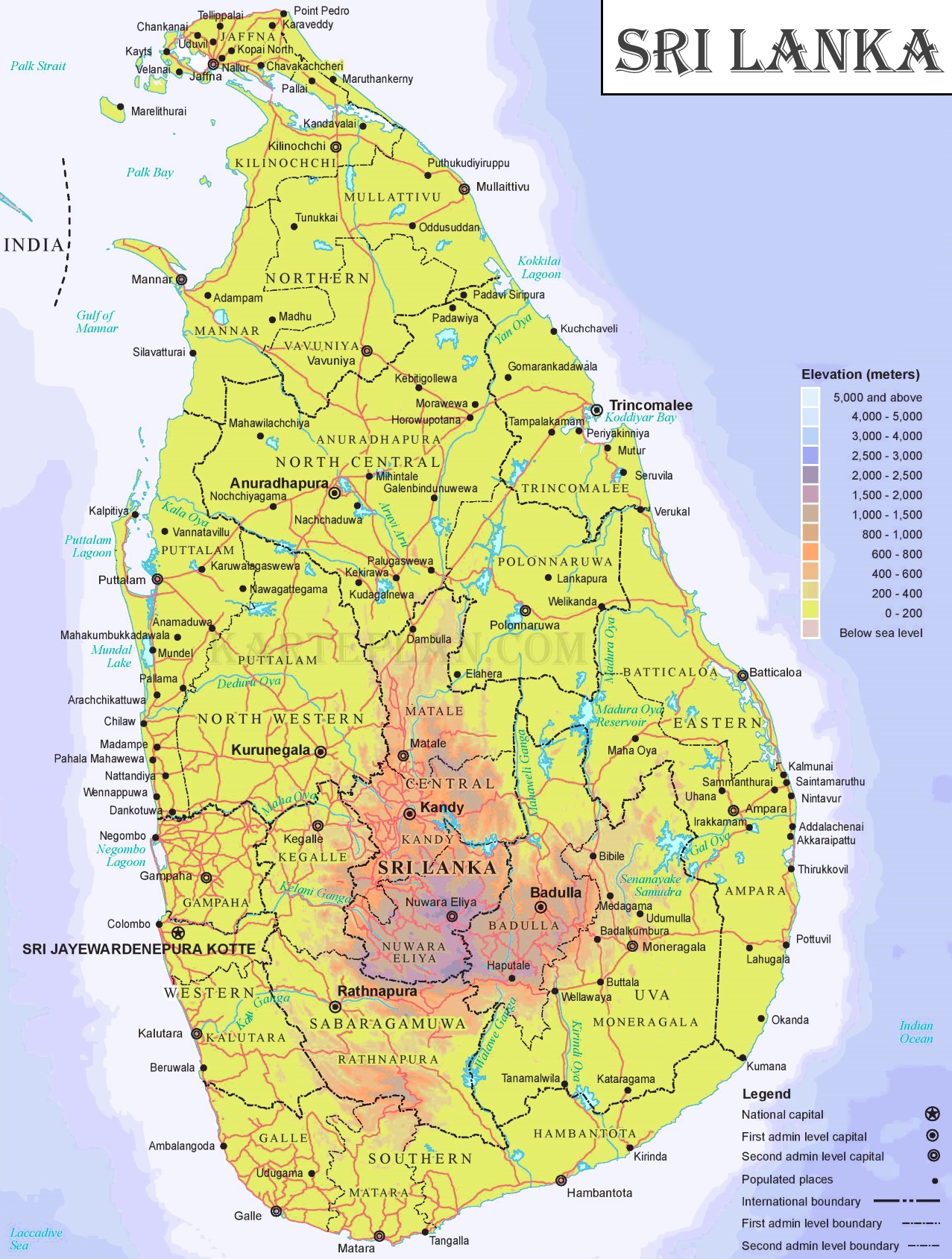 Physische Landkarte Von Sri Lanka