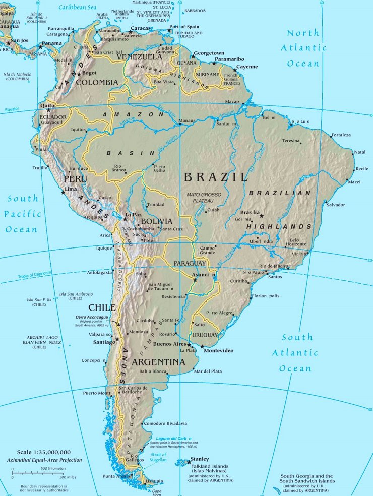 Physische landkarte von Südamerika