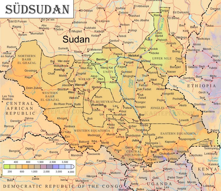 Physische landkarte von Südsudan