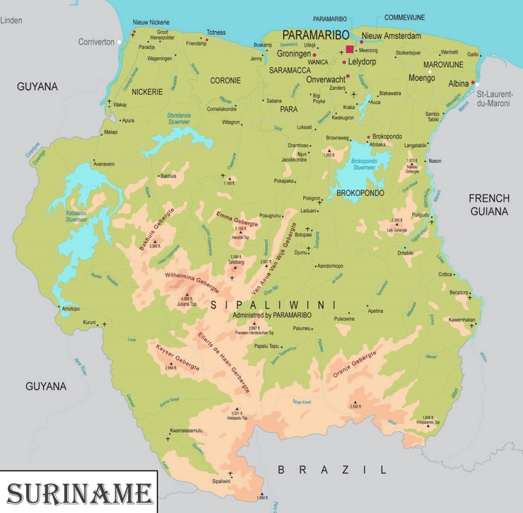 Große detaillierte karte von Suriname