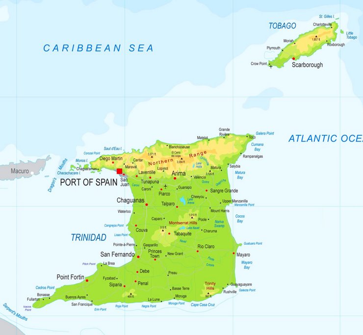 Physische landkarte von Trinidad und Tobago
