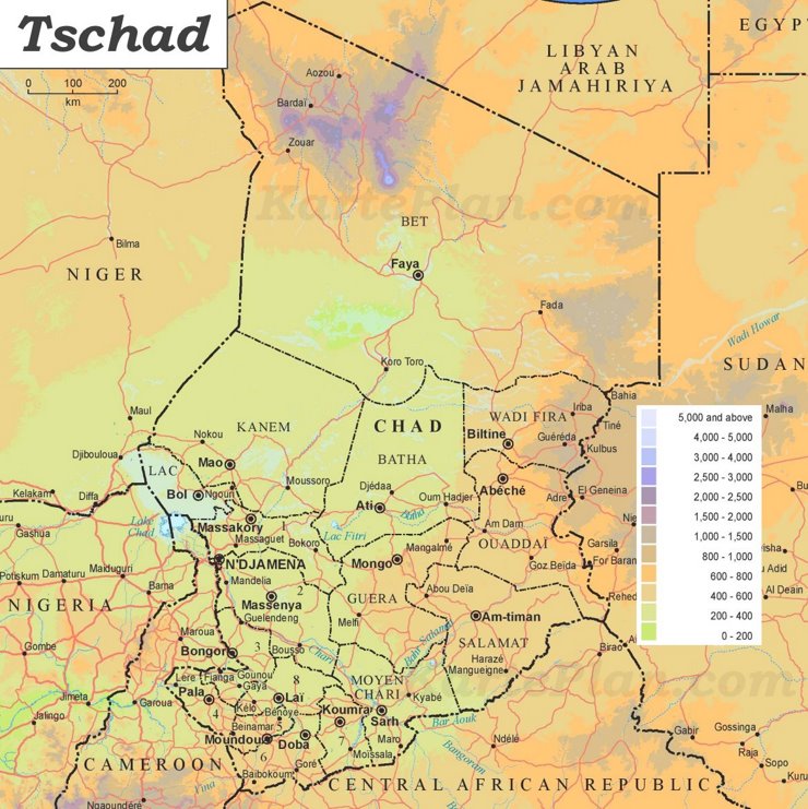 Physische landkarte von Tschad