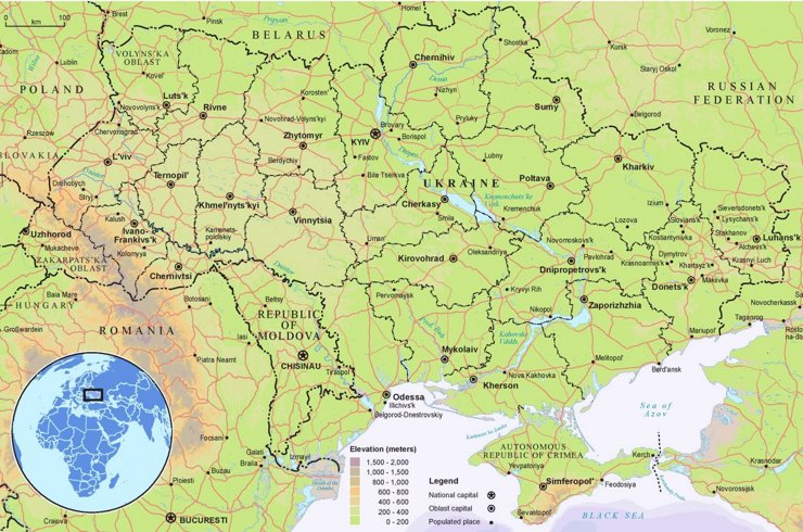 Physische landkarte von Ukraine