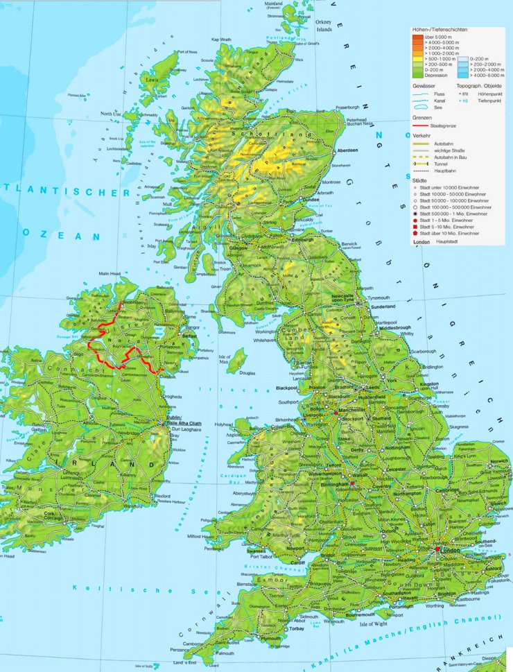Physische landkarte von Vereinigtes Königreich